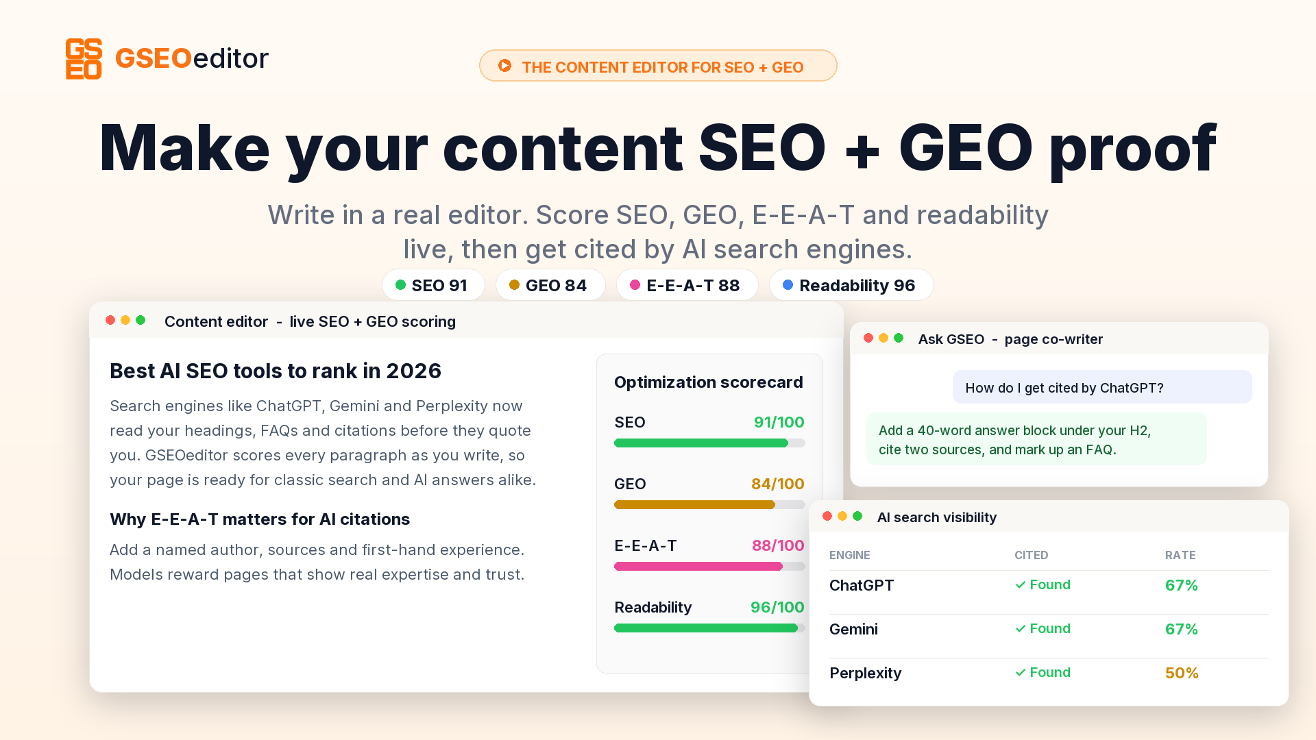 Officiële GSEO Editor productweergave met de contenteditor, SEO-, GEO-, E-E-A-T- en leesbaarheidsscores
